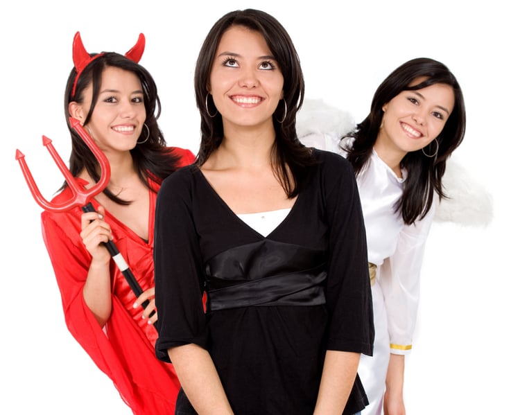 good or evil girl over a white background with an angel on one side and a devil on the other